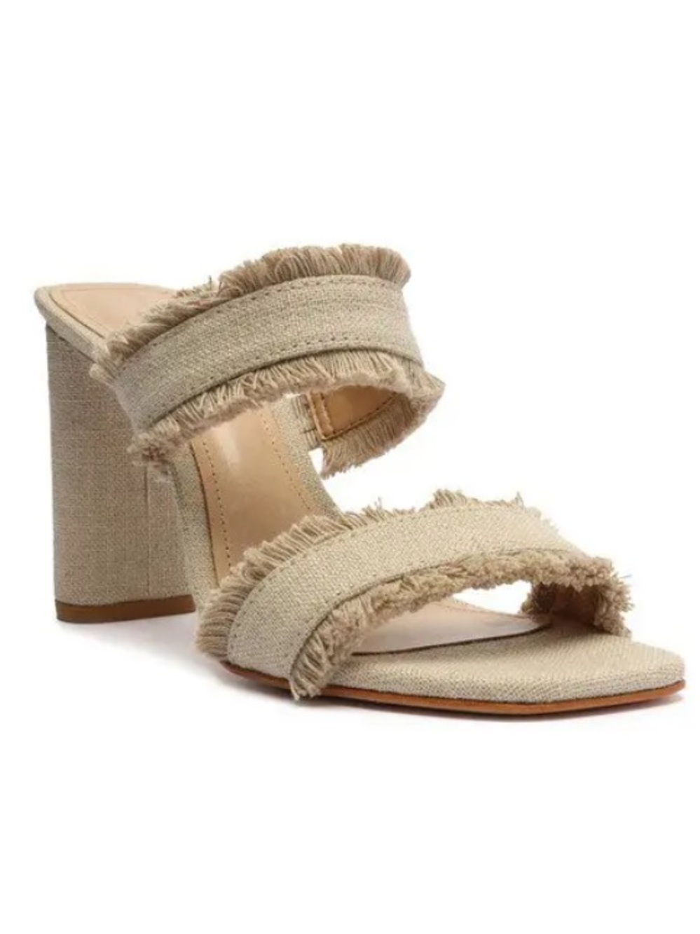 Anthropologie SCHUTZ Linen Double-Strap Fringe Heel in Natural Beige